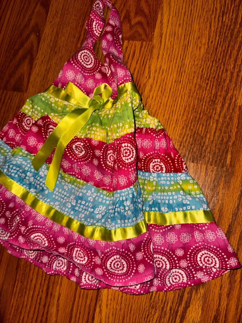 Blueberi Boulevard Pink, Green & Blue Tiered Halter Dress with Lime Ribbon